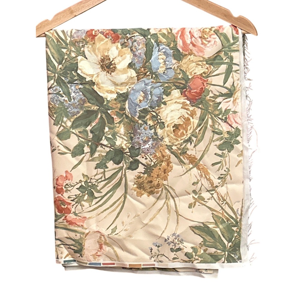 Vintage Floral Fabric Beige Roses Blue Flowers Romantic Cottagecore Sewing Craft